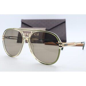 Gucci GG 1104S 003 Aviator Pilot Transparent Brown & Gold Sunglasses Brown Lens